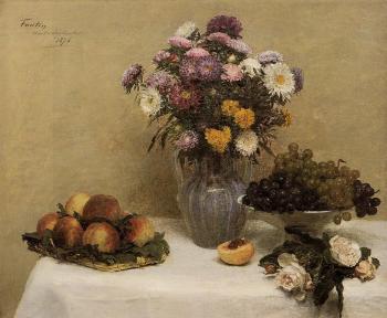 亨利 方丹 拉圖爾 White Roses, Chrysanthemums, Peaches and Grapes on a Table